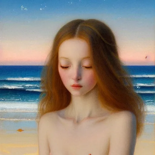 Image similar to a ultradetailed beautiful painting of a young german australian woman at a beach by hsiao ron cheng, ngai victo, nivanh chanthara jean delville wlop and dougherty patrick, trending onv artstation, light sparkles, major arcana sky, sharp focus, soft light