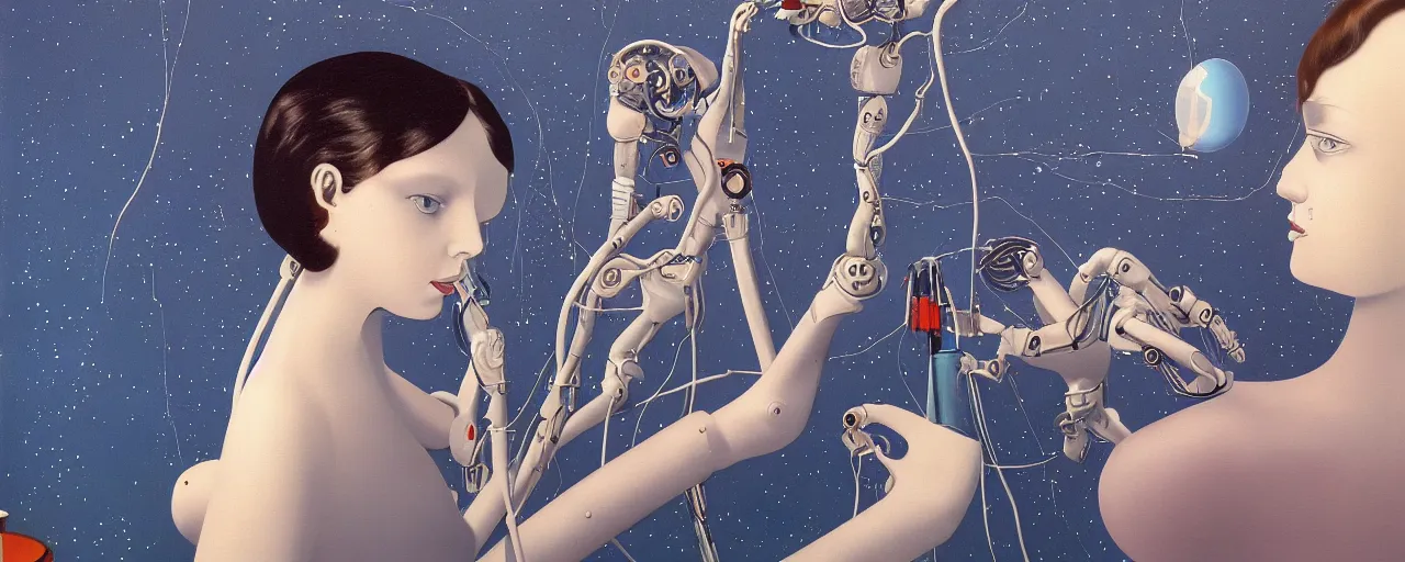 Image similar to a portrait of female young robotic ai artist painting onto a canvas in FANTASTIC PLANET La planète sauvage animation by René Laloux