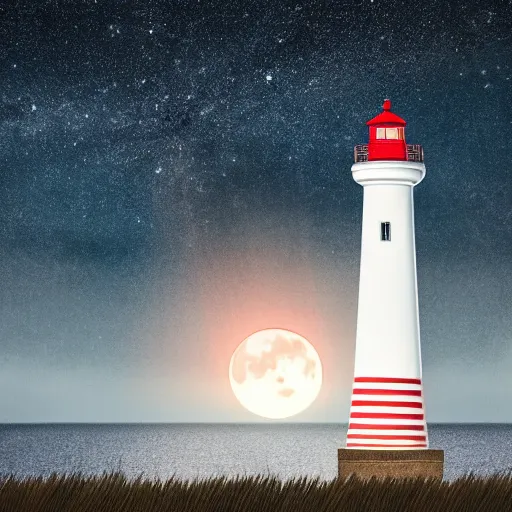 Image similar to Photography, very detailed, hyper-realistic A red and white striped lighthouse shining out onto the sea; a white house with a red roof with the lights on inside; thin dark trees behind; nighttime with stars behind; full moon; 8k