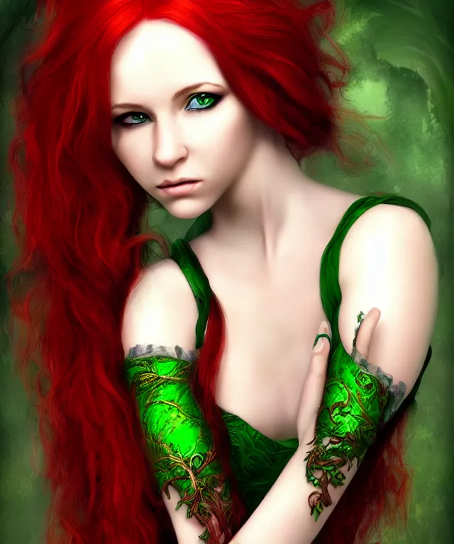 Image similar to Beautiful young woman, Fae, Fantasy, highly detailed, portrait, long red hair, green highlights