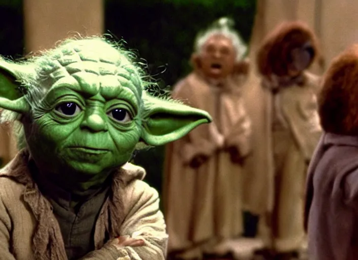 Image similar to a film still of yoda as an oompa loompa in willy wonka's and the chocolate factory ( 1 9 7 1 )