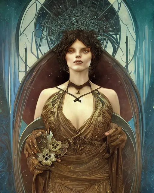 Image similar to tarot card, high priestess, Art nouveau, intricate, elegant, highly detailed, concept art, sharp focus, beautiful face!!, digital art, smooth, by Bastien Deharme, Brom, trending on Artstation, Alphonse Mucha