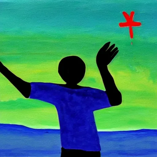 Prompt: creative commons. a painting of someone waving at future people.