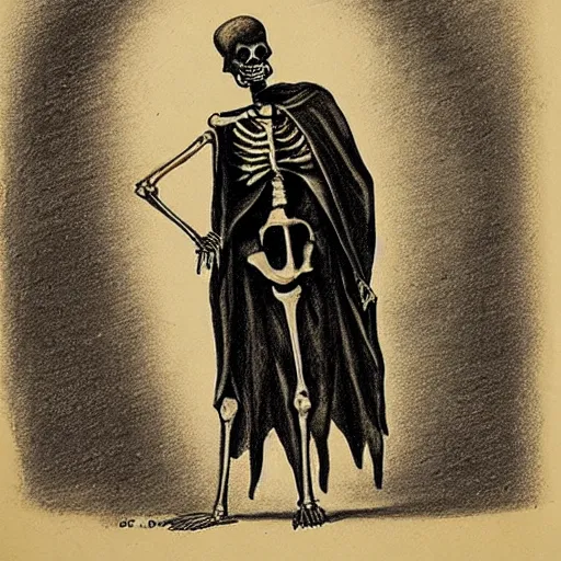 Image similar to a vintage drawing of a skeleton in a cloak made of shadows of the dead