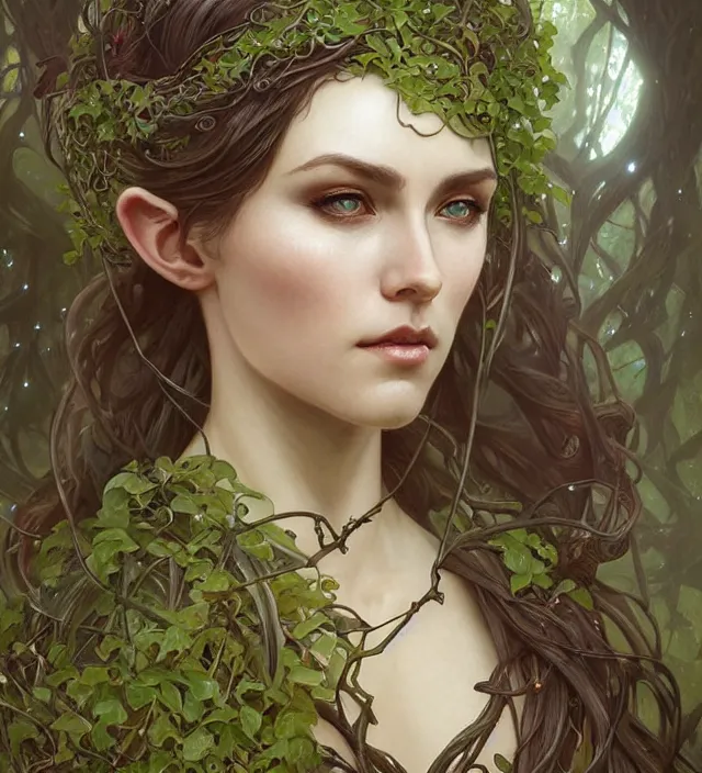 Prompt: a beautiful elven druid, clad in vines, intricate, sharp focus, defined face, tronie portrait, well drawn eyes, illustration, highly detailed, digital painting, concept art, matte, art by wlop and artgerm and greg rutkowski and alphonse mucha, masterpiece