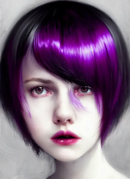 Image similar to portrait of teenage girl, red irises, bangs, black and white hair, white bangs, purple clothes, white bangs, two color hair, black hair and white bangs, intricate, elegant, glowing lights, highly detailed, digital painting, artstation, concept art, smooth, sharp focus, illustration, art by wlop, mars ravelo and greg rutkowski