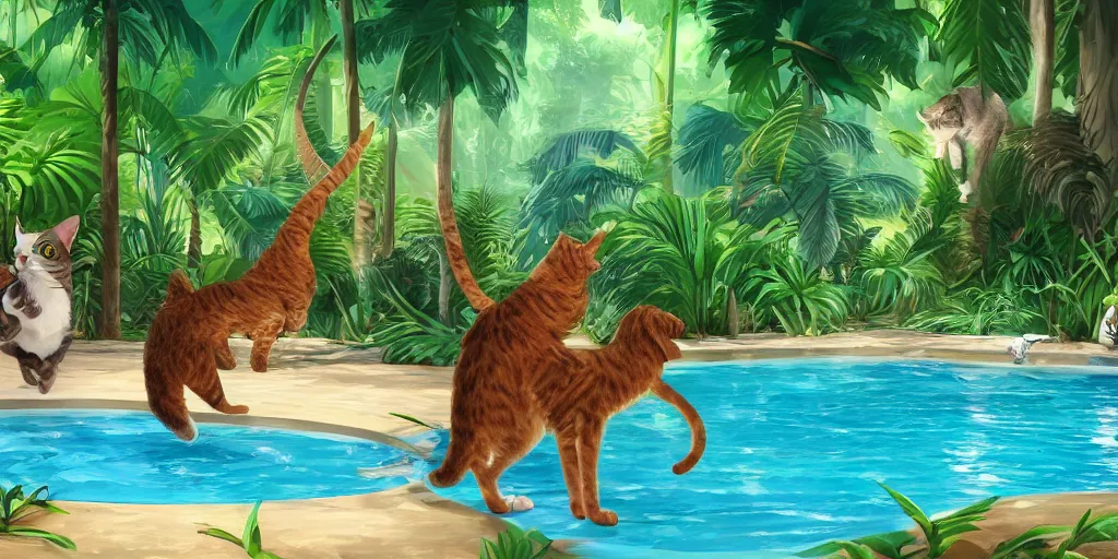 Prompt: swimming pool in the middle of the jungle a cat and a dog playing around , empty beach chair , highly detailed, digital painting, artstation, concept art