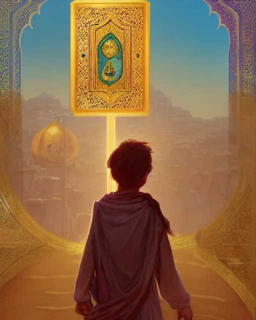 Image similar to a faceless bedouin child infront of a big open quran highly detailed, gold filigree, romantic storybook fantasy, soft cinematic lighting, award, disney concept art watercolor illustration by mandy jurgens and alphonse mucha and alena aenami, pastel color palette, featured on artstation