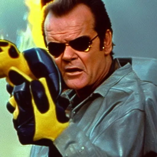 Image similar to Jack Nicholson plays Terminator, scene where he shoots Pikachu, yellow fur explodes