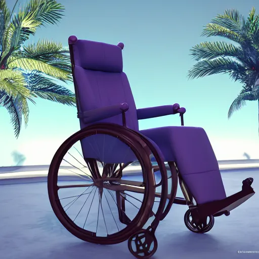 Prompt: a 3d render of a vaporwave wheelchair, ultra detailed, realism, 8k, octane render, unreal engine