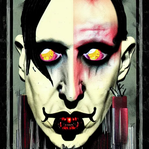 Prompt: graphic illustration, creative design, marilyn manson, biopunk, francis bacon, highly detailed, hunter s thompson, concept art, mixed media