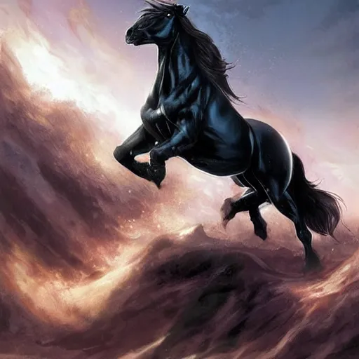 Image similar to chonky ethan van sciver with a bald head and grey trimmed beard with a pointy nose as the first horseman of the apocalypse riding a strong big black stallion, horse is up on its hind legs, beautiful artwork by artgerm and rutkowski, breathtaking, beautifully lit, dramatic, full view