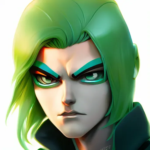 Image similar to a symmetrical face shot character design by artgerm, wlop, ross tran. young danny phantom!! glowing green eyes!! sharp teeth grin!! face sharp edges. ultra clear detailed. 8 k. ultra detailed, elegant, intricate, octane render.