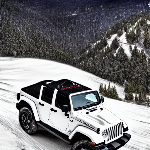 Image similar to white jeep wrangler driving up a steep snowy mountain cornice, high quality digital art, dramatic lighting, cinematic, photo realism