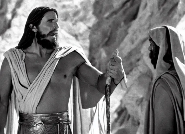 Image similar to film still of Christian Bale as Moses in The Ten Commandments 1956