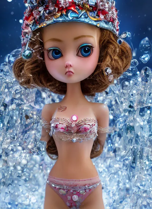 Image similar to closeup profile portrait of tin toy fairytale princess ice snow bikini girl, depth of field, zeiss lens, detailed, symmetrical, centered, fashion photoshoot, by nicoletta ceccoli, mark ryden, lostfish, breathtaking, 8 k resolution, extremely detailed, beautiful, establishing shot, artistic, hyperrealistic, octane render