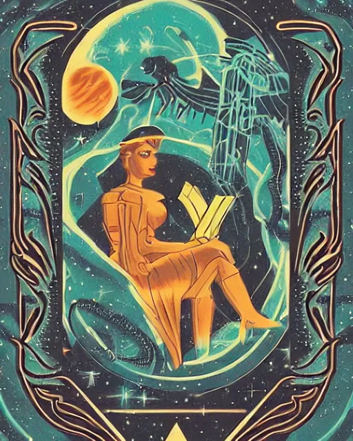 Image similar to retro dark vintage sci - fi. 2 d matte dark gouache illustration in a mystical style. tarot card back pattern. cosmic.