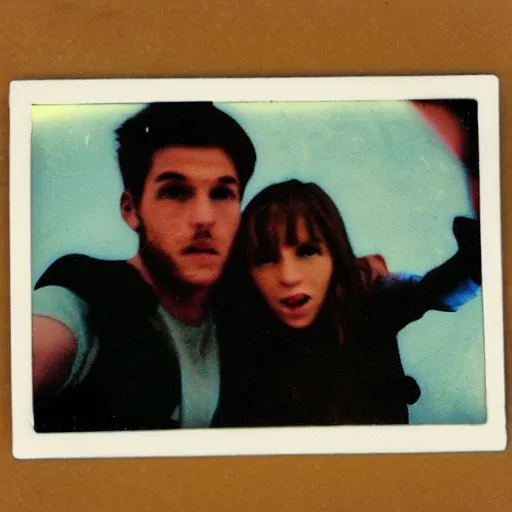 Prompt: two people taking the first sellfie with an alien , polaroid vintage effect