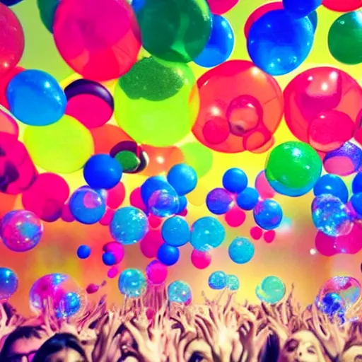 Image similar to concert photography where fans are all in plastic bubbles hyper realistic colorful light