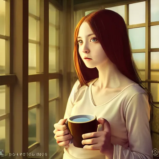 Image similar to a portrait of a girl drinking coffee , fantasy, anime , madhouse production, HDR, natural light, shoulder level shot, dynamic pose, award winning photograph, Mucha style 4k,