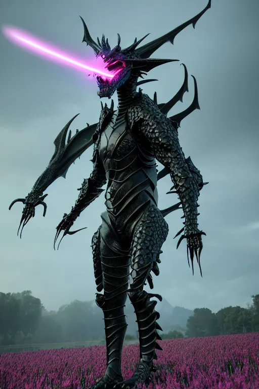 Prompt: high quality 3 d neo - gothic human dragon hybrid, exoskeleton armor, fighting with sword, field of pink flowers, highly detailed unreal engine, vitaly bulgarov dramatic dark teal light, ground angle hd 8 k, sharp focus