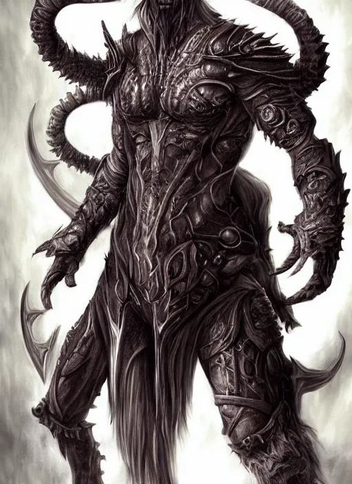 Image similar to a higly detailed airbrush full body shot portrait painting of a fantasy demonic character, fantasy portrait, pinterest, baldur's gate, dynamic lighting, ambient lighting, deviantart, dndbeyond, dnd character portrait