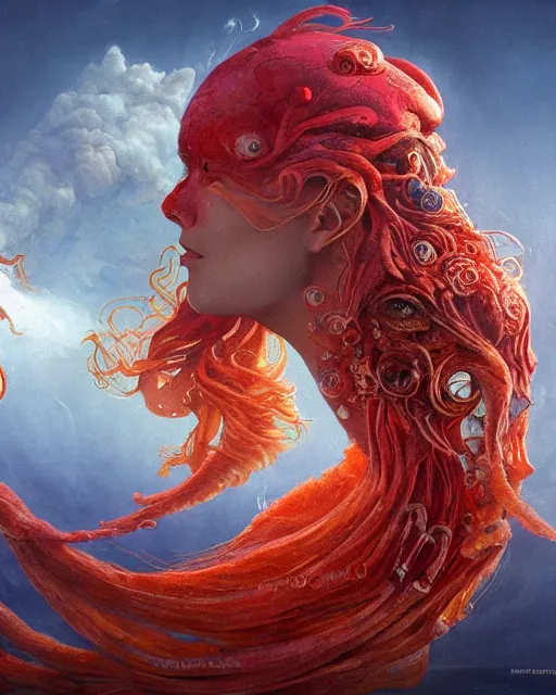 Prompt: hyper realistic photo of a beautiful sea witch with her red squid with big eyes hiding in an ink cloud, cryptozoology monster, background multicolored smoke, detailed sci-fi illustration designed by Marc Simonetti, Mike Mignola, Hiroshi Yoshida, Ernst Fuchs intricate illustration, 8k resolution, vivid