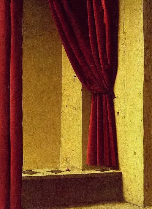 Prompt: red curtain, medieval painting by jan van eyck, johannes vermeer, florence