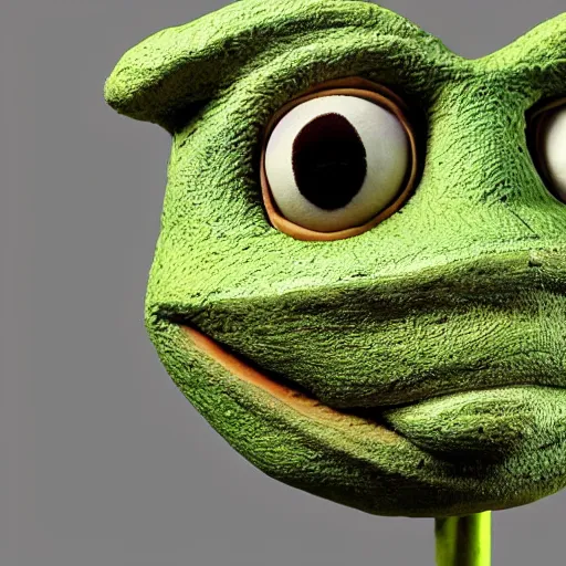 Image similar to clay head of pepe the frog, 3d sculpture, textured, fine detail, lifelike, photo, high resolution