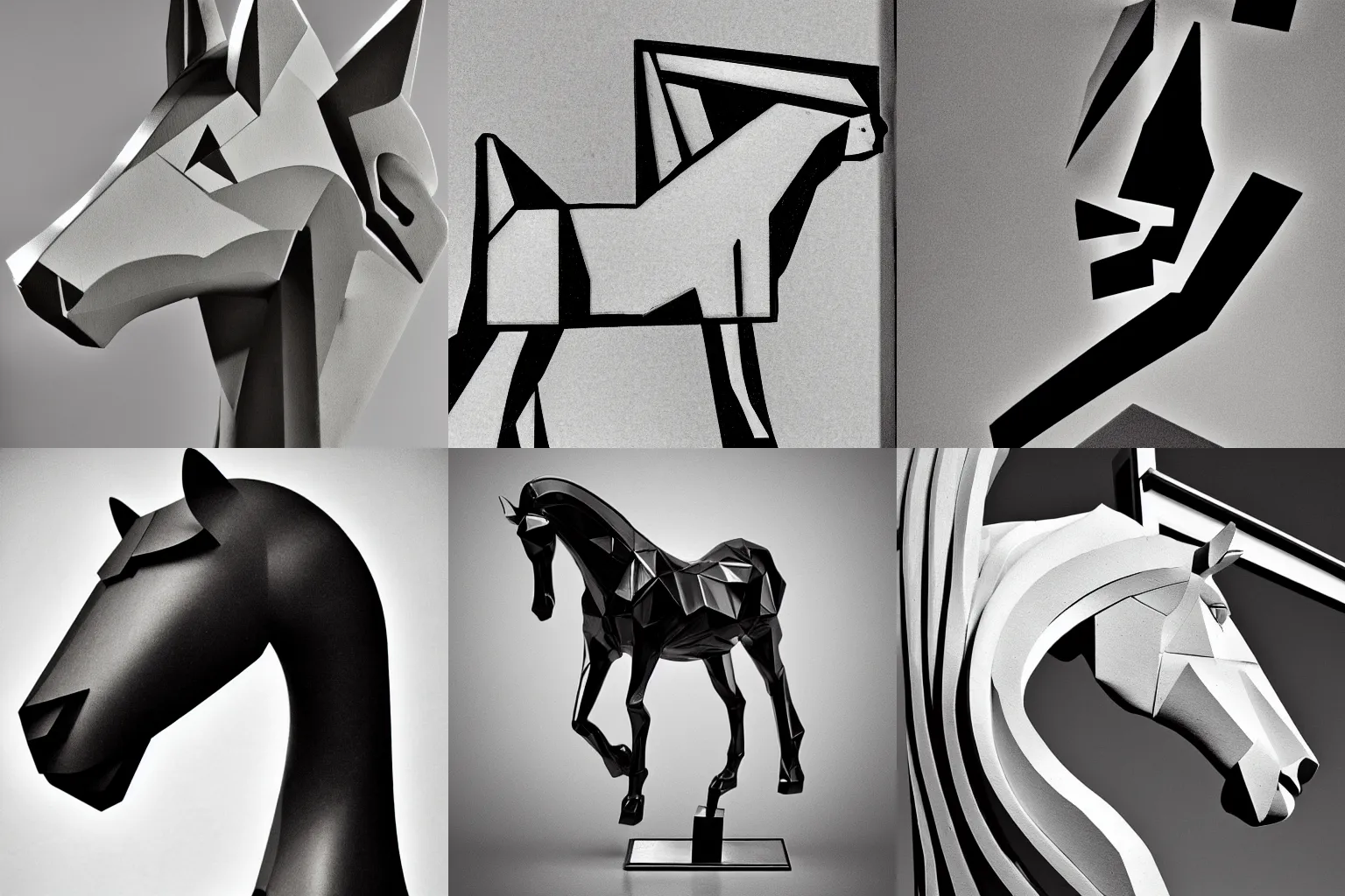 Prompt: fierce horse cubist sculpture black and white hard light