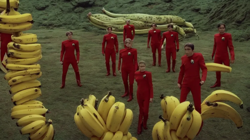 Image similar to giant monsters made of bananas, killing crew wearing red on star trek, film still from the movie directed by Denis Villeneuve with art direction by Salvador Dalí, wide lens