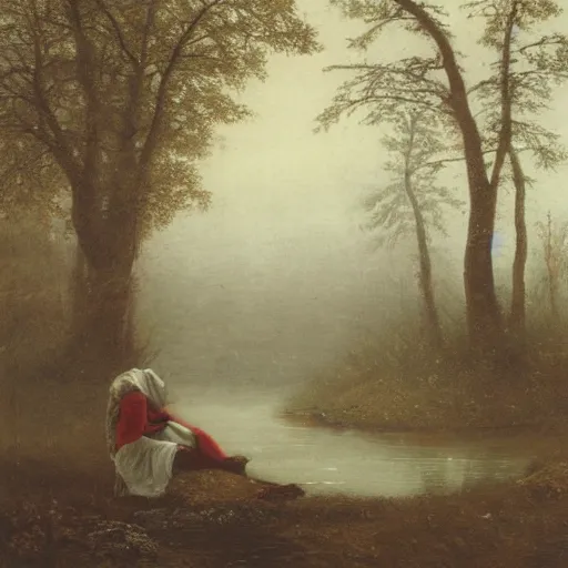 Image similar to girl dancing in front of a river, alone in the wilderness, foggy, misty morning, early spring, boreal forest, 19th century,