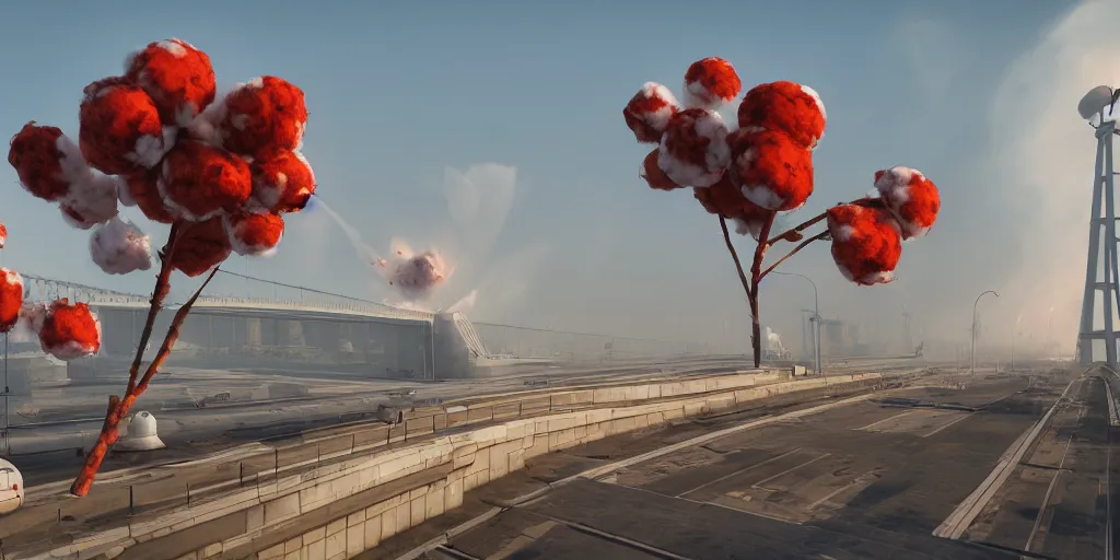 Prompt: explosion in the form of cotton plant on the huge long crimean bridge, team fortress style, 3 d octane remder, epic lighting, 8 k, by goro fujita