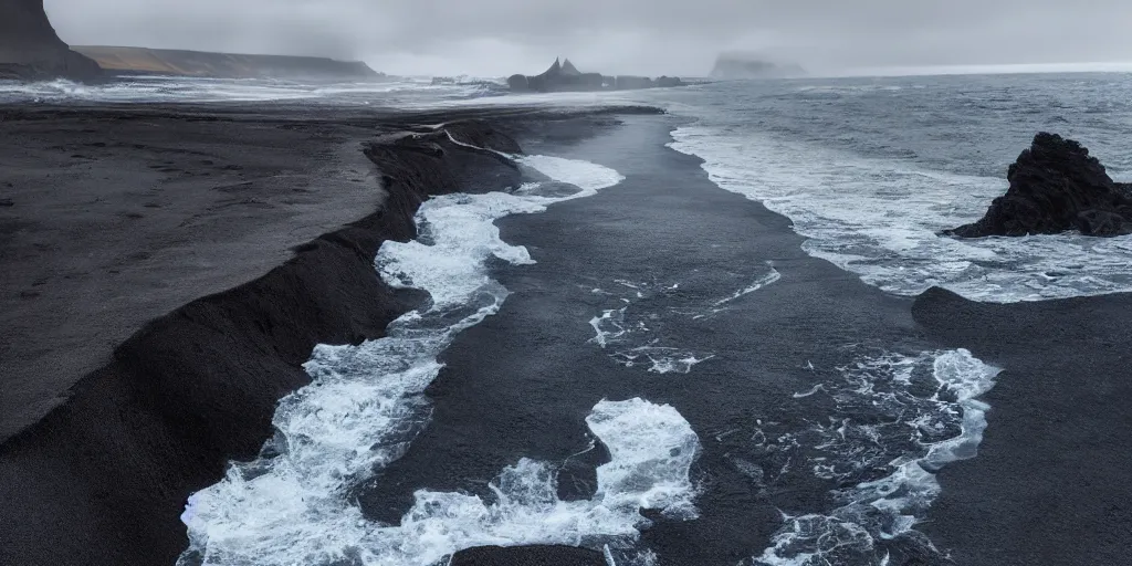 Image similar to icelandic coast. black sand. dramatic sky. cinematic. intricate. mist. low angle wide shot. highly detailed. concept art. matte painting in the style of greg rutkowski.