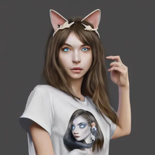 Prompt: Perfectly-Centered Portrait of a Realistic Beautiful Young Woman Wearing Fake-Cat-Ears and t-shirt and shorts, perfect female specimen, intricate, elegant, super highly detailed, professional digital painting, artstation, concept art, smooth, sharp focus, no blur, no dof, extreme illustration, Unreal Engine 5, Photorealism, HD quality, 8k resolution, cinema 4d, 3D, beautiful, cinematic, art by artgerm and greg rutkowski and alphonse mucha and loish and WLOP