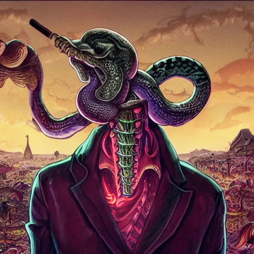 Image similar to A centered chest up portrait of a psychedelic demonic anthropomorphic snake smoking a hand-rolled cigarette smoking heavily , magic mushroom village in background , award winning. superb resolution. in the art style of junji Ito and greg rutkowski . Detailed Mushroom city in background. Hyper realistic anime. Perfect art. Dalle2