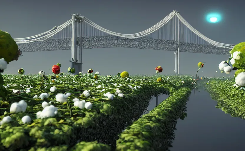 Image similar to a big bridge collapses after explosions in the form of cotton plants, 3 d octane render, epic lighting, 8 k, by goro fujita