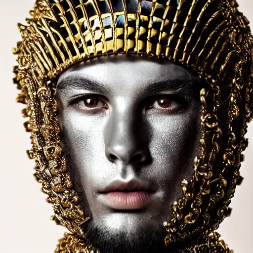 Image similar to a portrait of a beautiful young male wearing an alexander mcqueen armor made of mercury , photographed by andrew thomas huang, artistic