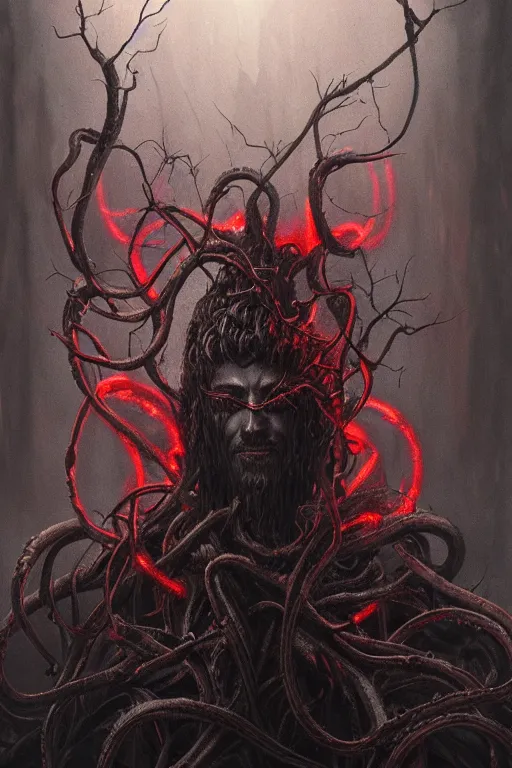 Image similar to realistic portrait beautiful detailed matte painting of cinematic movie scene a ancient god of death, tentacles, black and red, thorns, vines, horror, created by gustave dore and greg rutkowski, high detailed, smooth draw, synthwave neon retro, intricate, realistic proportions, dramatic lighting, trending on artstation.