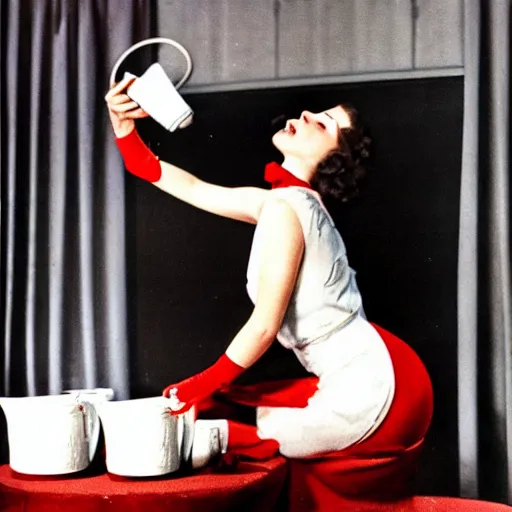 Prompt: color photo on vintage film stock of 1930s model on her hands and knees, lapping up milk from a bowl on the floor of an art deco mansion. There are red curtains in the distance and soft pools of light illuminating her and the surroundings.