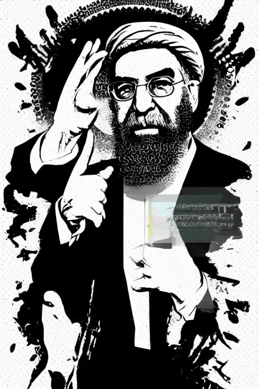 Image similar to khamenei, with quotes : destroy destroy america, pointing index finger, justify content center, hyperrealistic anatomy content, violet polsangi pop art, gta chinatown wars art style, extreme quality masterpiece, bioshock infinite art style, incrinate, 2 color, white frame, content balance proportion