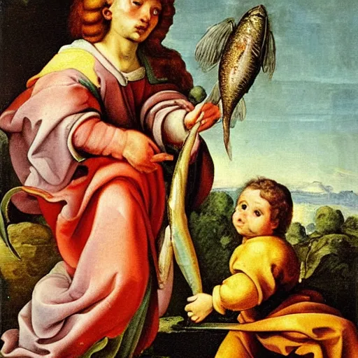 Prompt: an oil painting of a young tobit carrying a fish accompanied by an angel, full size, very detailed, by carlo maratta