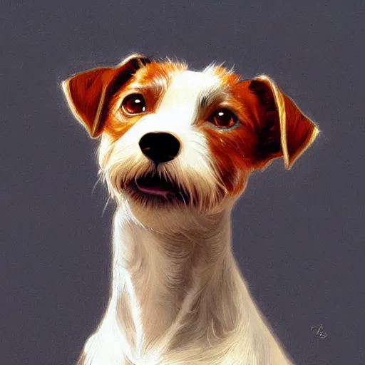 Prompt: portrait of a Jack Russell Terrier with a granade, fantasy, intricate, elegant, highly detailed, digital painting, artstation, concept art, smooth, sharp focus, illustration, art by artgerm and greg rutkowski and alphonse mucha