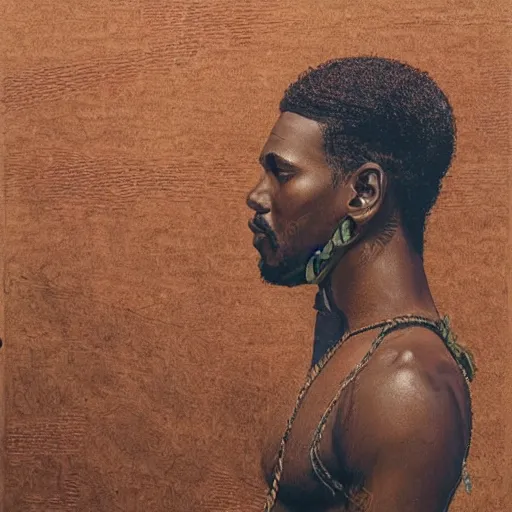 Image similar to contemplative black man with twists, beautiful, intricate details, east african, art by jose miguel
