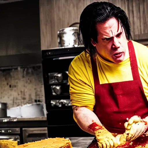 Prompt: angry glenn danzig baking a fruit pie, making a mess, 4 k,