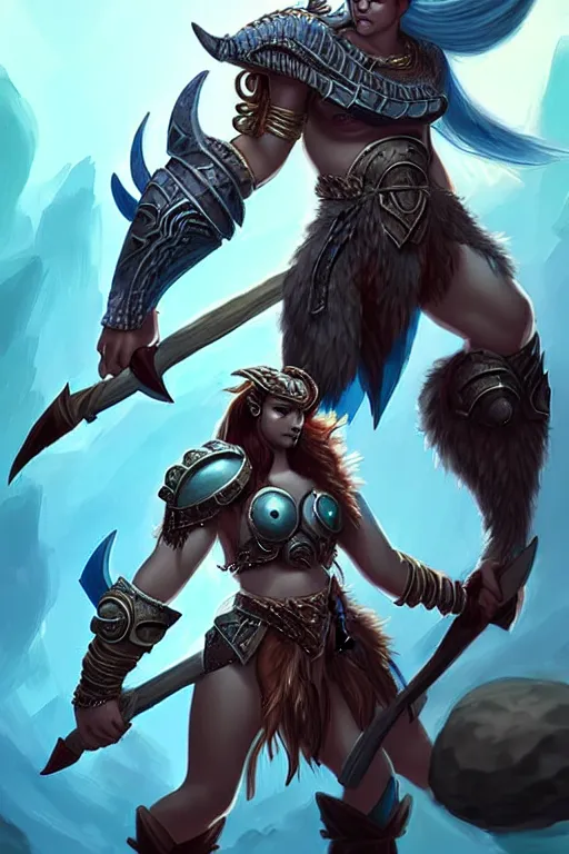 Image similar to triton girl wearing scale armor having a great time riding on a the shoulders of a goliath wearing fur and leather armor, dnd concept art, painting by ross tran, blue-skinned triton wearing scale armor, fur-clad barbarian goliath