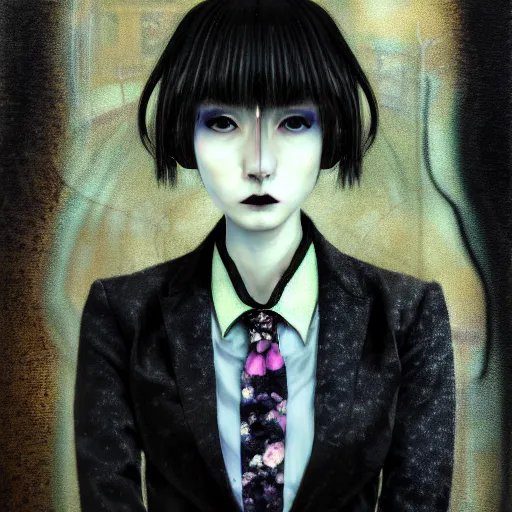 Image similar to yoshitaka amano blurred and dreamy realistic three quarter angle illustration of a young woman with black lipstick and black eyes wearing dress suit with tie, junji ito abstract patterns in the background, satoshi kon anime, noisy film grain effect, highly detailed, renaissance oil painting, weird portrait angle, blurred lost edges