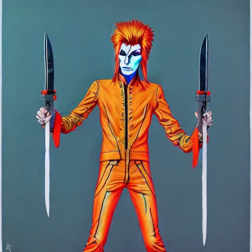 Image similar to Ziggy Stardust holding a Bowie knife, james jean, fist