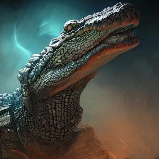 Image similar to a ( mummy ) crocodile, fantasy art, cinematic lighting