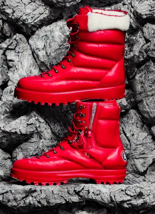 Image similar to hyperrealistic and heavy detailed moncler boots of whole lotta red by playboi carti, leica sl 2 5 0 mm, vivid color, high quality, high textured, real life